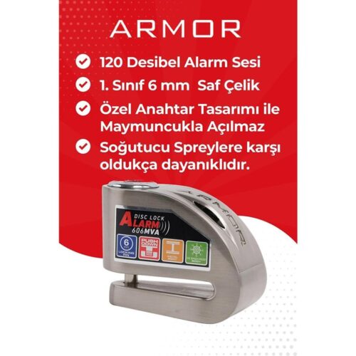 Armor 606MVA 6 MM Alarmlı Motosiklet Disk Kilidi Gri Metalik - Ride4Moto