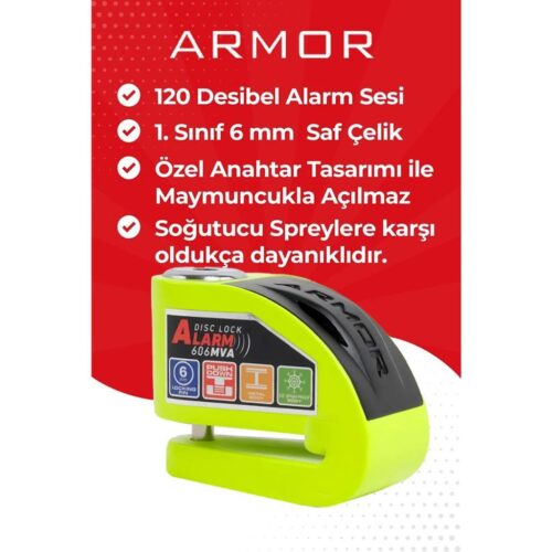 Armor 606mva 6 mm alarmlı motosiklet disk kilidi yeşil - ride4moto Armor 606MVA 6 MM Alarmlı Motosiklet Disk Kilidi Yeşil - Ride4Moto